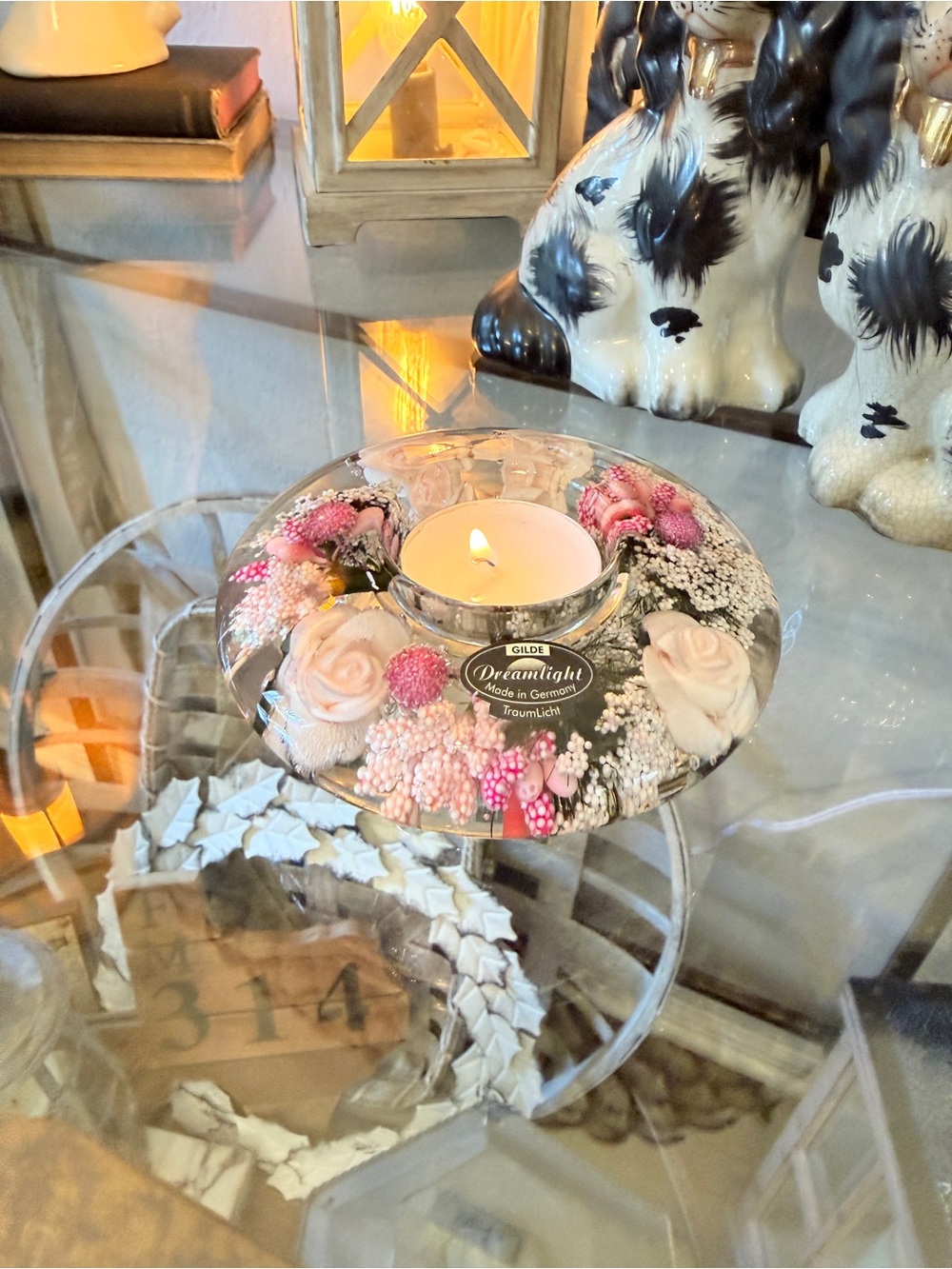 Gilde Dreamlight Glass Candle Holder with Flowers "Little Rose' Made in Germany - Picture 2 of 15